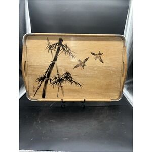 Vintage Japanese Wooden Serving Tray Hand Painted Birds And Bamboo Alcohol Proof